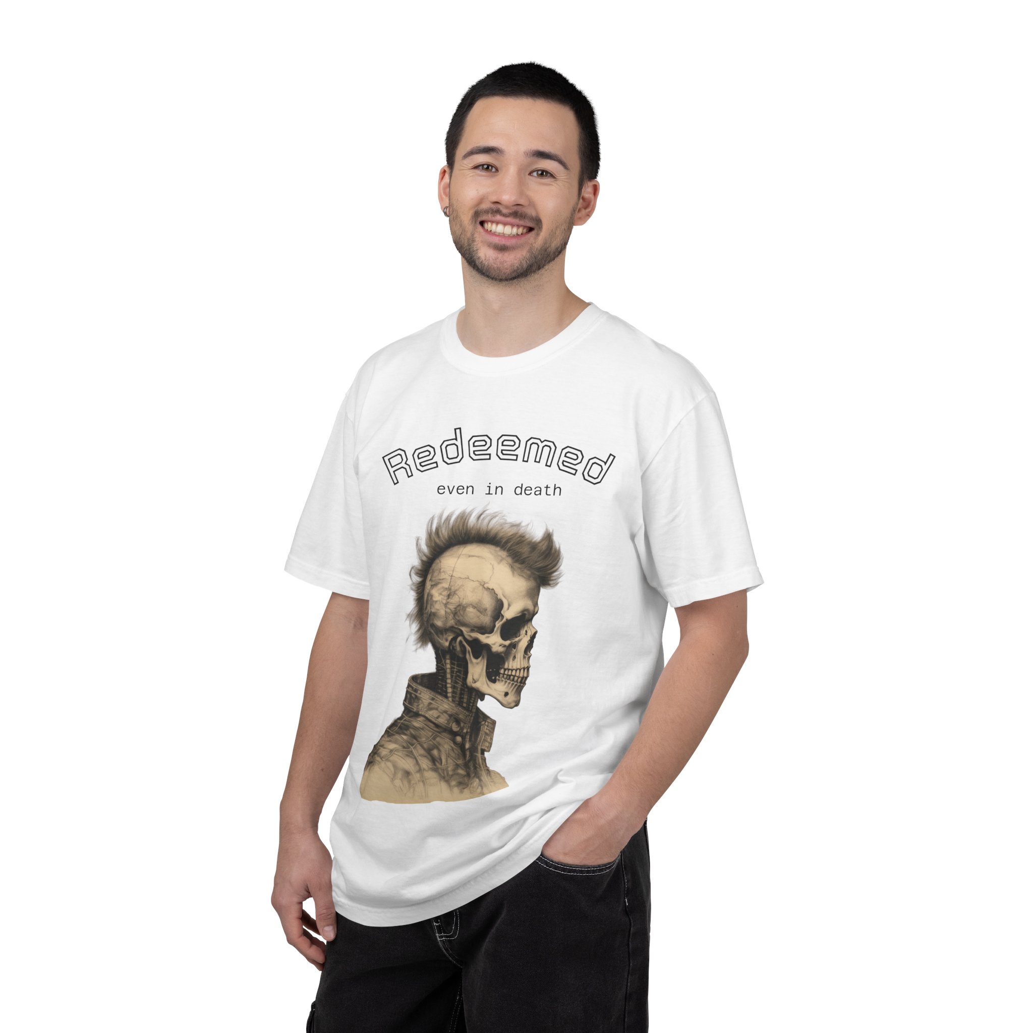 Redeemed Skull T-Shirt — "Redeemed even in death" Gothic Graphic Tee - Image 4